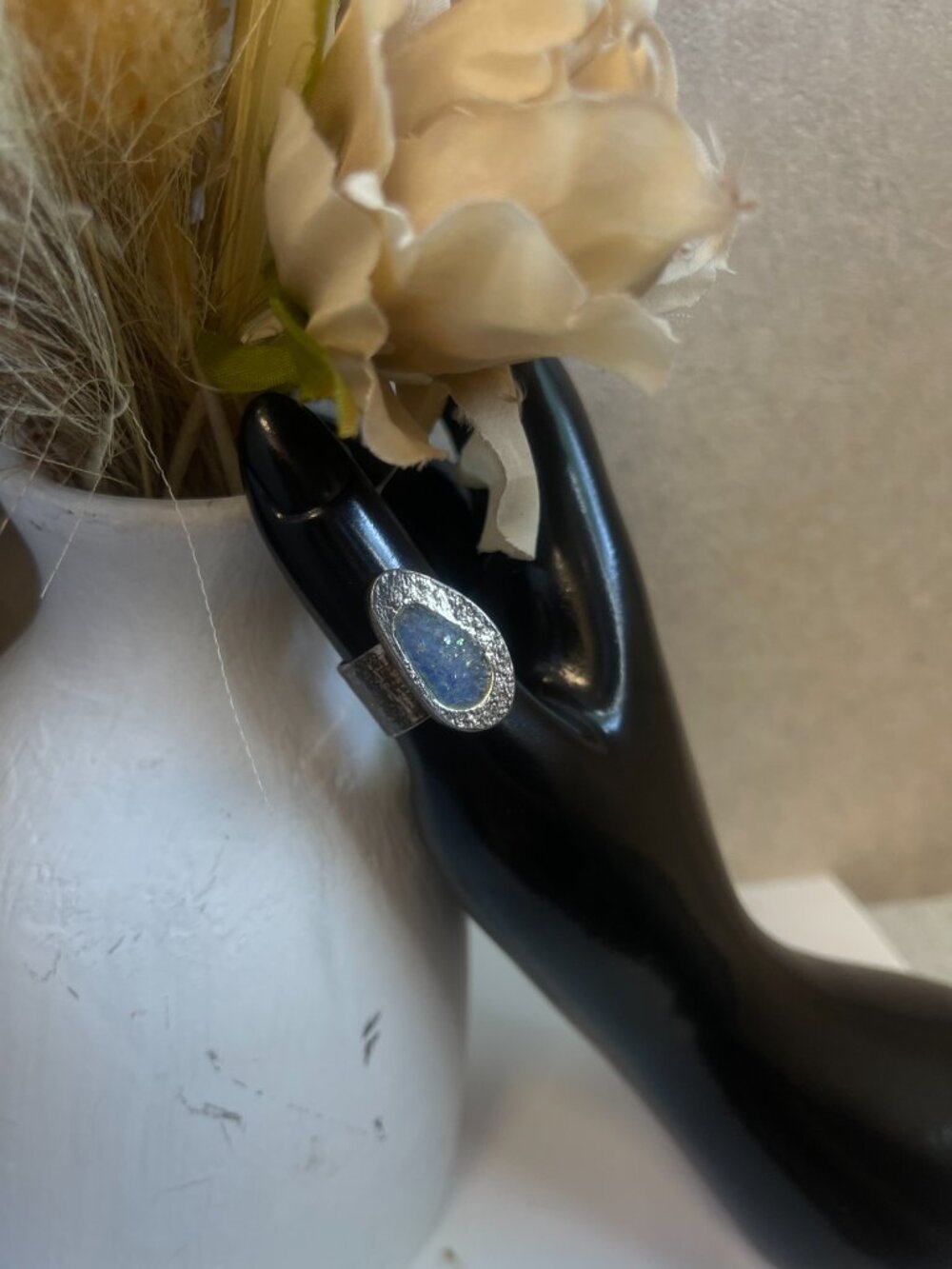 Vintage SR Luli Hamersztein Sterling Silver 925 Blue Roman Glass Ring Size 7